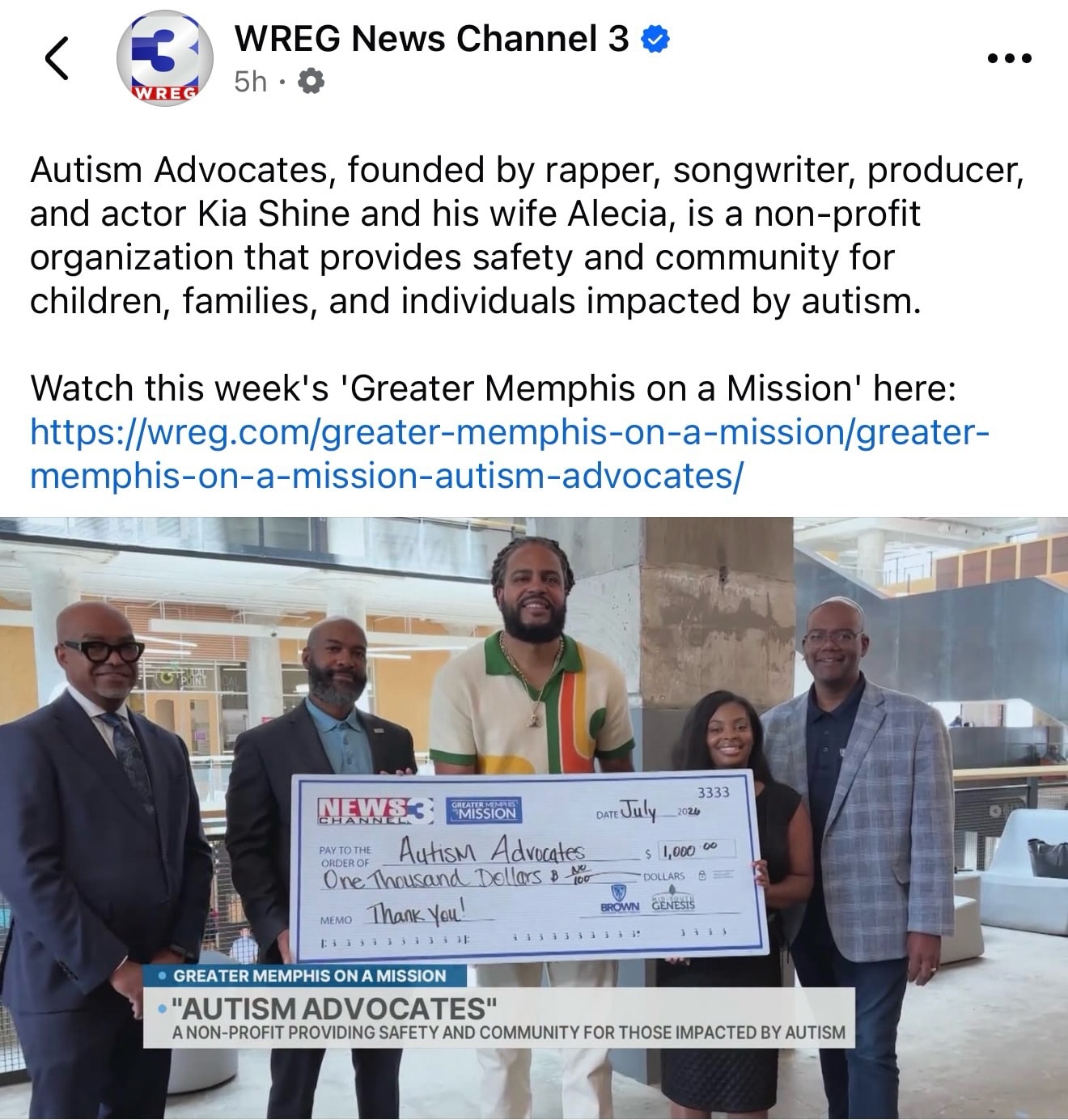 WREG News — Autism Advocates donation check